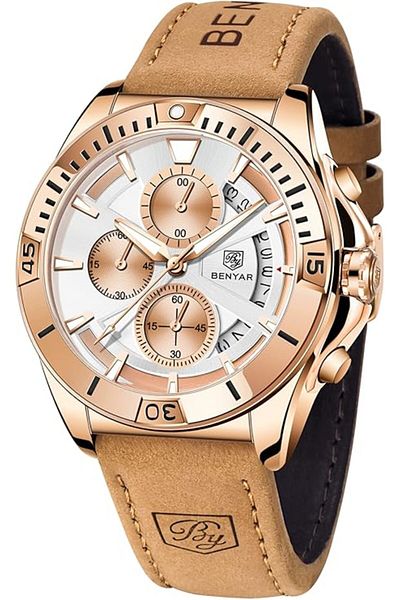 Benyar Men's Chronograph Watch, Leather Strap, Waterproof, Sport & Casual Quartz, Multicolor Dial