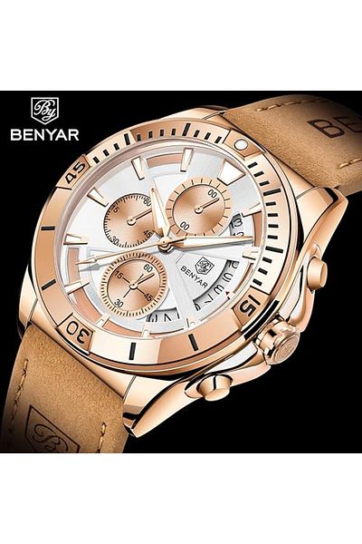 Benyar Men's Chronograph Watch, Leather Strap, Waterproof, Sport & Casual Quartz, Multicolor Dial
