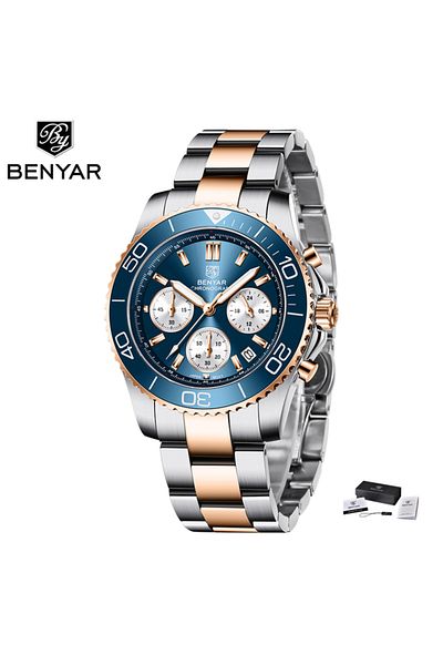 Benyar BY S002 Chronograph Sport Watch, Sapphire Glass, Luxury Blue, 42MM Stainless Steel Quartz