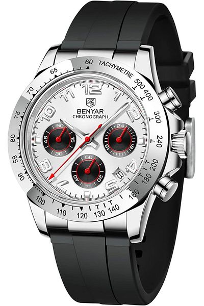 Benyar SKYSEED BENYAR Men's Chronograph Quartz Watch, Sport & Business Casual, Silicone Strap, White