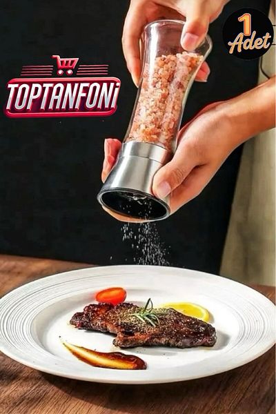 TOPTANFONİ Glass Body Stainless Steel Lid Salt Pepper Mill Salt Pepper Grinder 19 cm 1 Piece