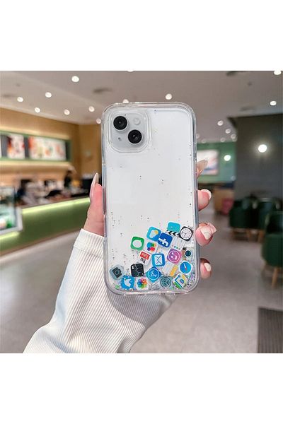 Merwish جراب من السيليكون المائي اللامع متوافق مع Apple iPhone 14 Plus و15 Plus مع أيقونة الوسائط الاجتماعية
