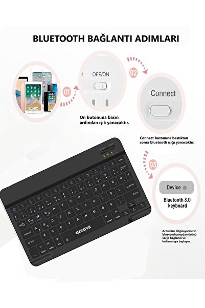 urzuva Tüm Cihazlara Uyumlu Şarj Edilebilir Bluetoothlu Kablosuz Klavye Mouse Set