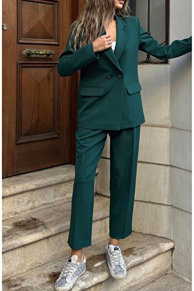 Akalp Klasik Blazer Düğmeli Ceket Pantolon Kadın Kumaş Takım Elbise