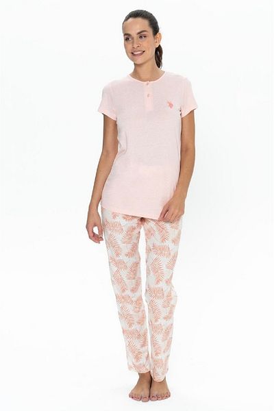 U.S. Polo Assn. Set pijama de dama din bumbac, guler cu nasturi, maneca scurta, imprimeu frunze