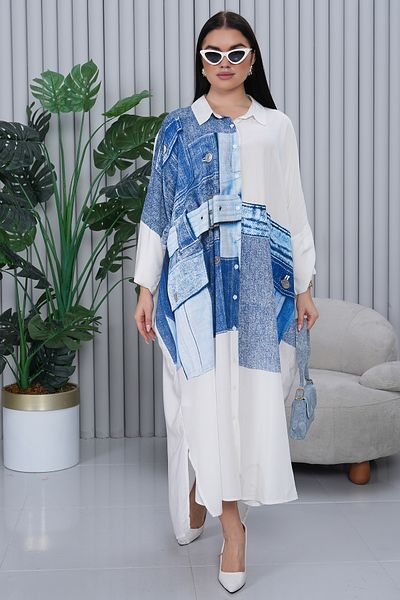 BeyzaBayram Women's Black Denim Patterned Printed Large Size Oversize Dress