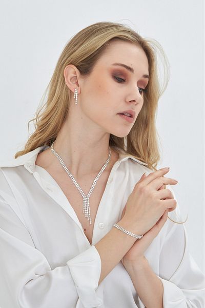 Estilo Lingerie Women's Vip Evening Dress Wedding Dress Necklace Earrings Waterway Two Row Necklace Set with Stones, Waterway Set