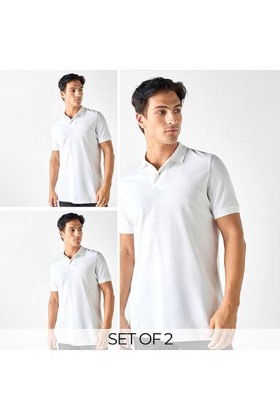 FAV Set of 2 - Textured Polo T-shirt with Short Sleeves and Button Closure