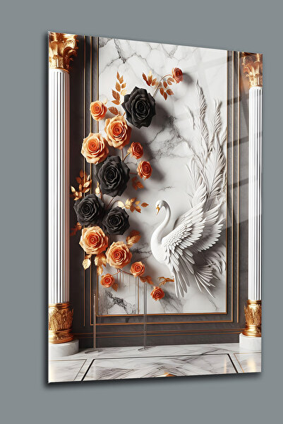 glassartdesign Rozuri și lebădă Pictură pe sticlă Pictură modernă Pictură pen...