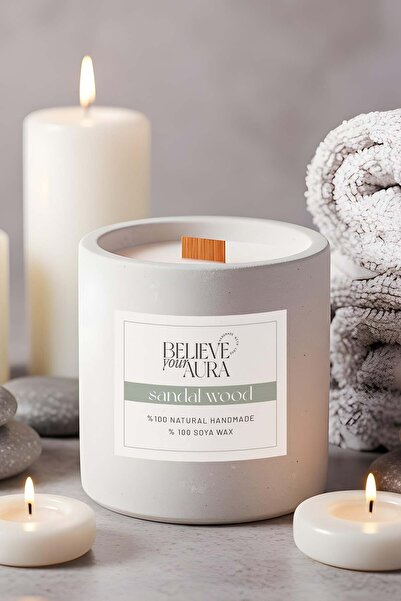 Believe Your Aura Sandal Ağacı Kokulu Beton Mum - %100 Doğal Soya Mumu Ahşap ...