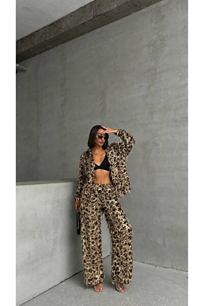 TOPSHOW Leopar desen payet saçaklı püsküllü kadın pantolon