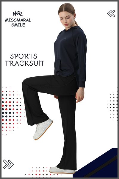 missmaral Set de trening sport pentru femei albastru bleumarin - picior spaniol, buzunar dublu, glugă, buzunar cangur 3053