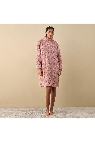 FAV Textured Long Sleeves Sleepshirt with Half Zip Closure