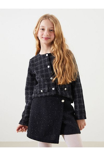 LC Waikiki Comfortable Fit Tweed Fabric Elastic Waist Plaid Patterned Girl's Shorts Skirt