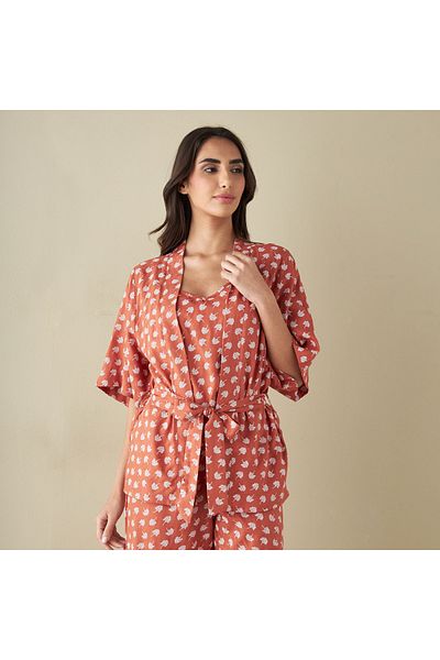 FAV All-Over Leaf Print Robe with Top and Pyjamas