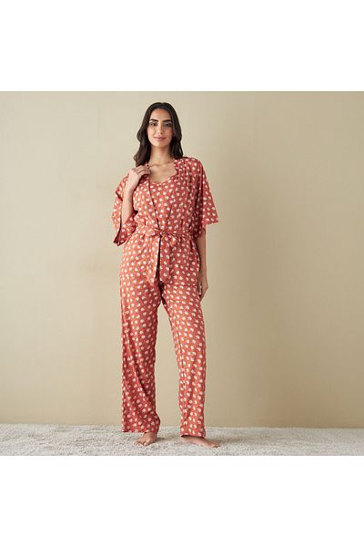 FAV All-Over Leaf Print Robe with Top and Pyjamas