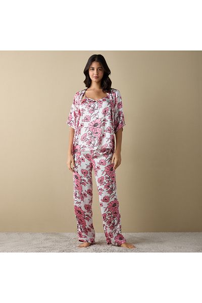 FAV All-Over Floral Print Top with Robe and Pyjamas