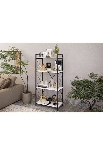 Golden Bark Easy-to-assemble storage shelves with 4 wooden shelves and a white metal frame