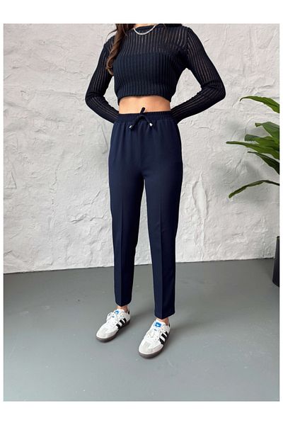 Elif Özbey Butik Navy Blue Elastic Waist Carrot Trousers