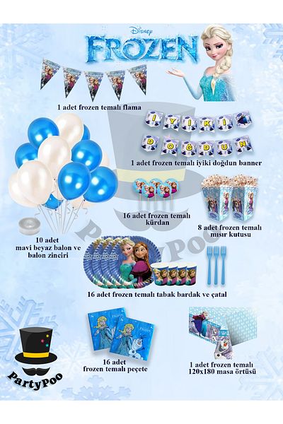 PartyPoo Frozen Elsa Themed Mega Birthday Party Set for 16 People. Elsa, Anna