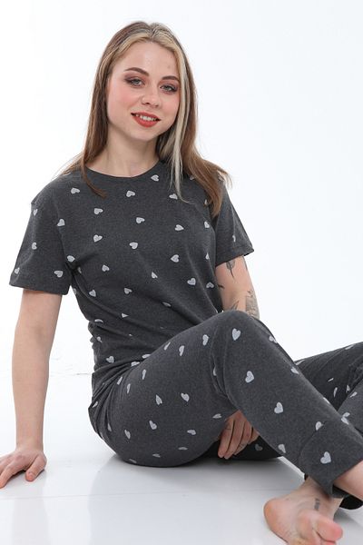 FAMESTEKSTİL Anthracite Heart Patterned Cotton Summer Pajama Set