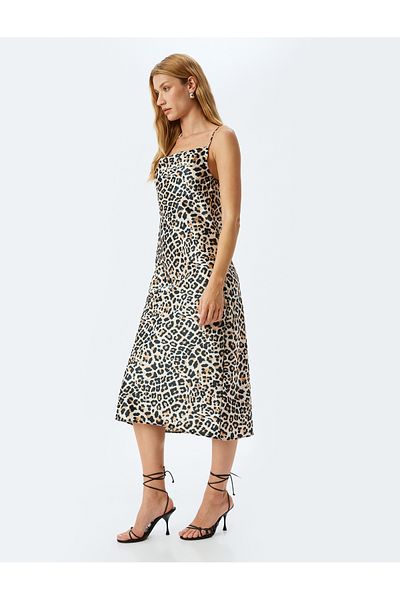 Koton New Season Degaje Neck Satin Leopard Rope Strap Midi Slip Dress