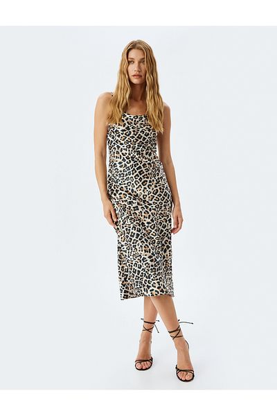 Koton New Season Degaje Neck Satin Leopard Rope Strap Midi Slip Dress