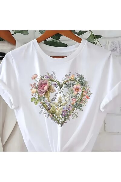 GALASHOP تي شيرت نسائي مطبوع عليه قلب مزين بالزهور