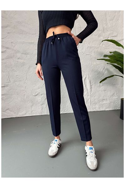 Elif Özbey Butik Navy Blue Elastic Waist Carrot Trousers
