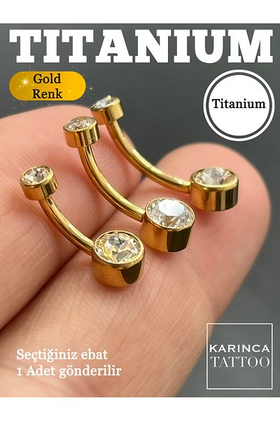 Karınca Piercing Titanium Belly Piercing - Stone Detailed, Silver and Gold Gold Color