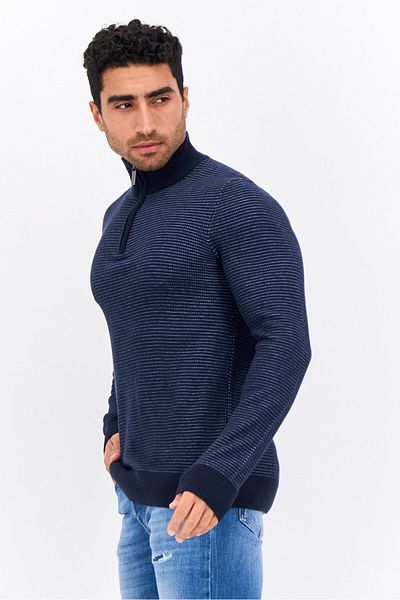Perry Ellis Men Mock Neck Long Sleeves Micro Stripe Print Sweatshirt, Navy