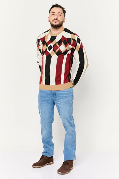 Perry Ellis Men Crew Neck Geometric Long Sleeves Sweatshirt, Maroon
