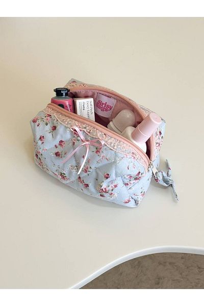 girlsybags حقيبة مكياج على شكل زهرة وردية مقرمشة، حقيبة صغيرة الحجم بسحاب مع شريط من الدانتيل