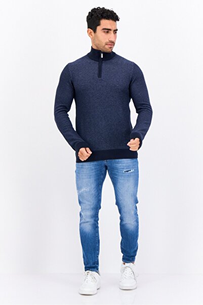 Perry Ellis Men Mock Neck Long Sleeves Micro Stripe Print Sweatshirt, Navy