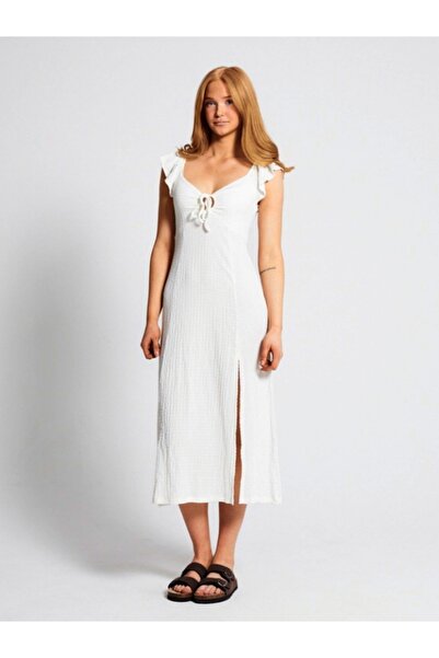 ALESGEROV Kadın Beyaz Önü Bağacıklı Yırtmaç Detaylı Pamuklu Elbise