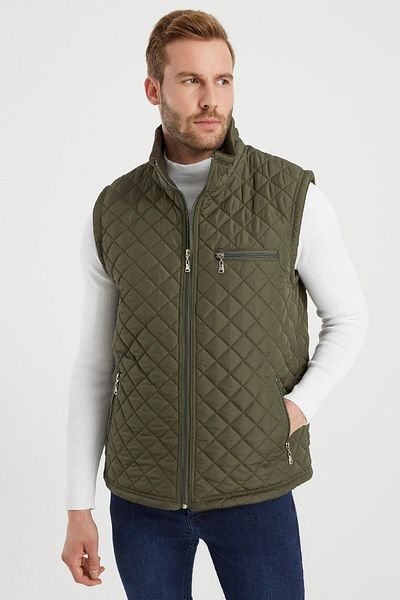 DYNAMO Men's Khaki Quilted Comfortable Fit Vest with Fleece Lining Inside