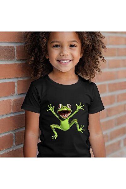 GALASHOP تي شيرت قطن أسود مطبوع عليه ضفدع للفتيات