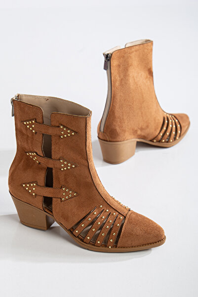 MS SUGAR SHOES Modern and Stylish: Tan Heeled Boots with Decorative Details