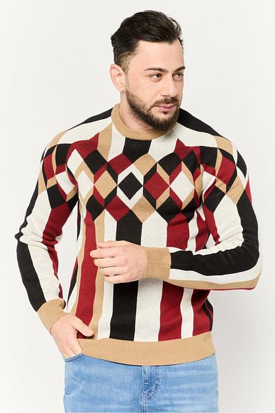 Perry Ellis Men Crew Neck Geometric Long Sleeves Sweatshirt, Maroon