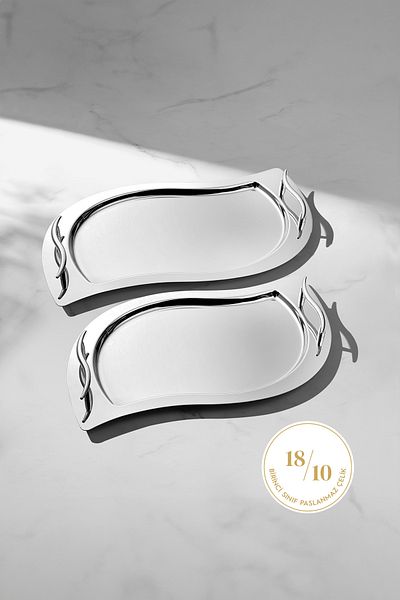 Nehir High Quality Stainless Steel Tray Set. Consists Of 2 Pieces. With Golden Handle