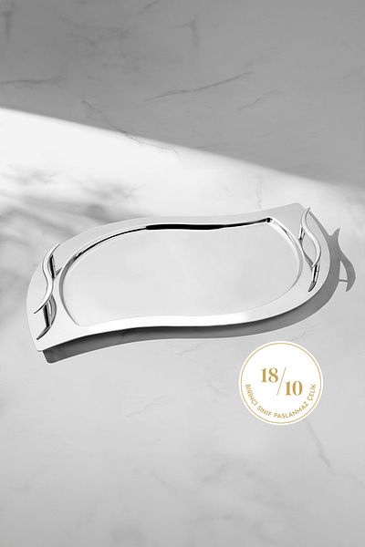 Nehir High Quality Stainless Steel Tray Set. Consists Of 2 Pieces. With Golden Handle