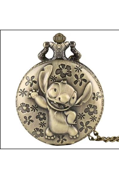 hediyeconcepti New Disney Stitch Pocket Watch Anime 3D Flat Design Children's Quartz Flip Pocket Watch