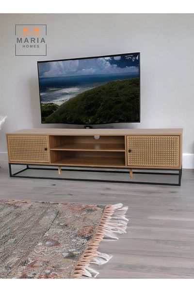 MARIA HOMES Modern TV Stand with Rattan Doors 180x39x48 Wooden & Metal Frame Stylish & Durable