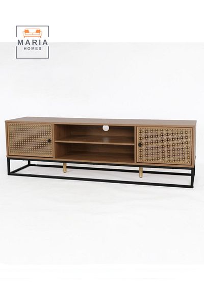 MARIA HOMES Modern TV Stand with Rattan Doors160x39x48cm Wooden & Metal Frame Stylish & Durable