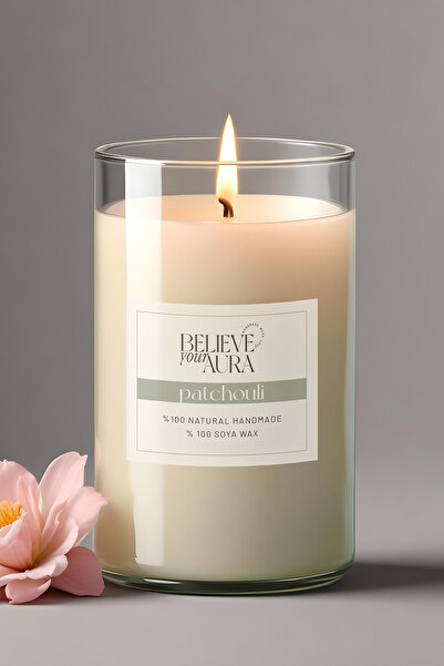 Believe Your Aura Paçuli Kokulu Büyük Mum - %100 Doğal Soya Mumu Ahşap Kapakl...