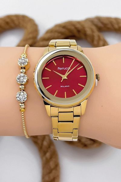 Ferrucci Gold-Red Women's Wristwatch - Stylish Steel Band & Case, Original Sdfer147