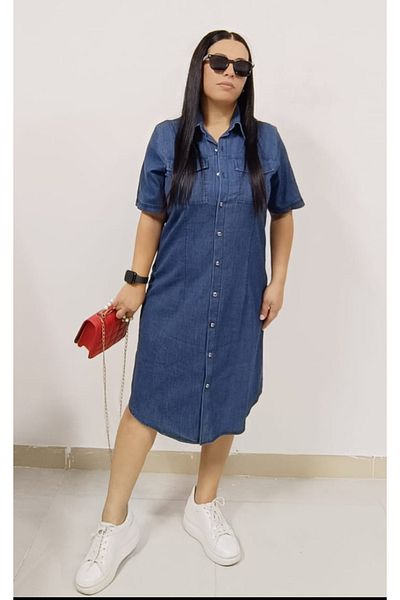 AKŞEN GİYİM ROCHIE DE MÂNECĂ SCURTĂ DE DIMENSIUNE SUPERIOR DIN DENIM ȚESĂ DE DENIM CU BUTONI CU DOUĂ BUZE