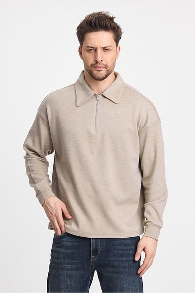 cotside Pique Fabric Men's Polo Neck Oversize Half Zipper Sweatshirt