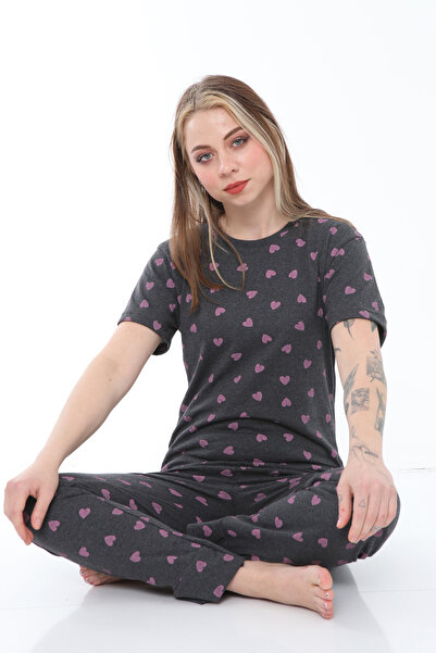 FAMES PİJAMA Anthracite Heart Patterned Cotton Summer Pajama Set