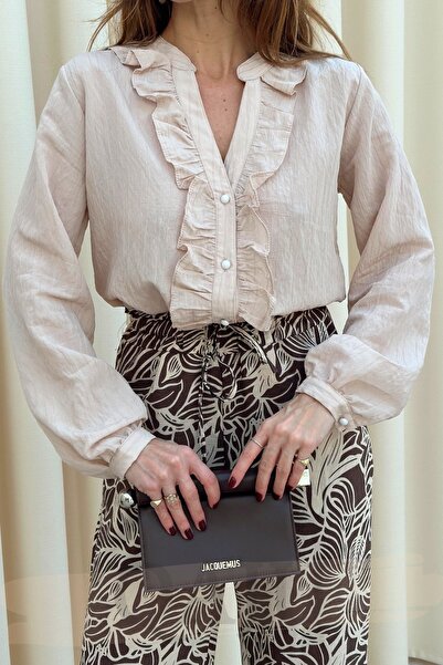 Qaju Жіноча сорочка з довгими рукавами, прозора, з рюшами та ґудзиками